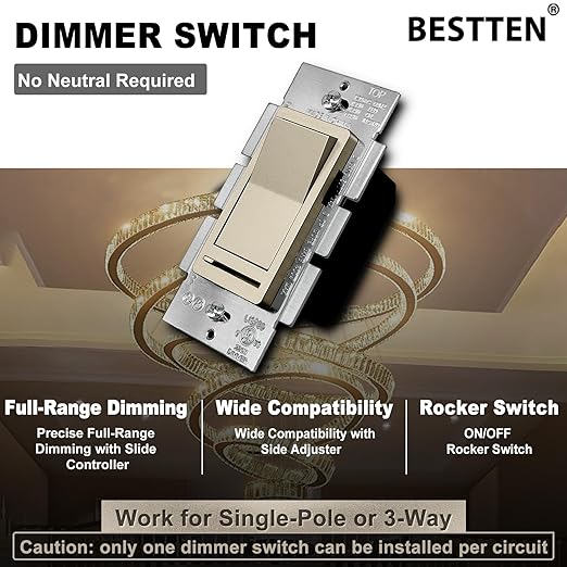 BESTTEN Matte Champagne Gold Dimmer Light Switch, Single Pole or 3-Way, Compatible with Dimmable LED, CFL, Incandescent and Halogen Bulb, 120VAC, Signature Collection, UL Listed