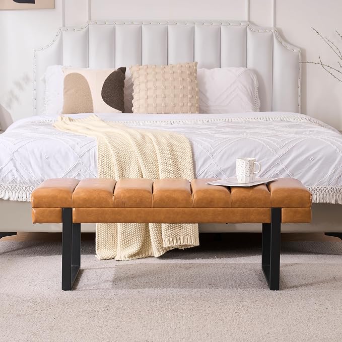46" Faux Leather Bench for Bedroom End of Bed Window, Camel Brown | Tufted - Image 4