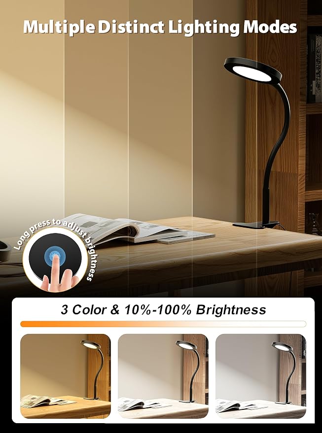 Black Clip On Reading Light, 450LM Book Light, 3 Modes Stepless Dim | CRI95 - Image 3