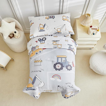 JHXHMX 4 Pieces Toddler Bedding Set for Boys,Excavator Cars Truck Pattern Toddler Comforter Set,Soft Crib Bed Set Including Comforter,Sheets and Pillowcase-Gray