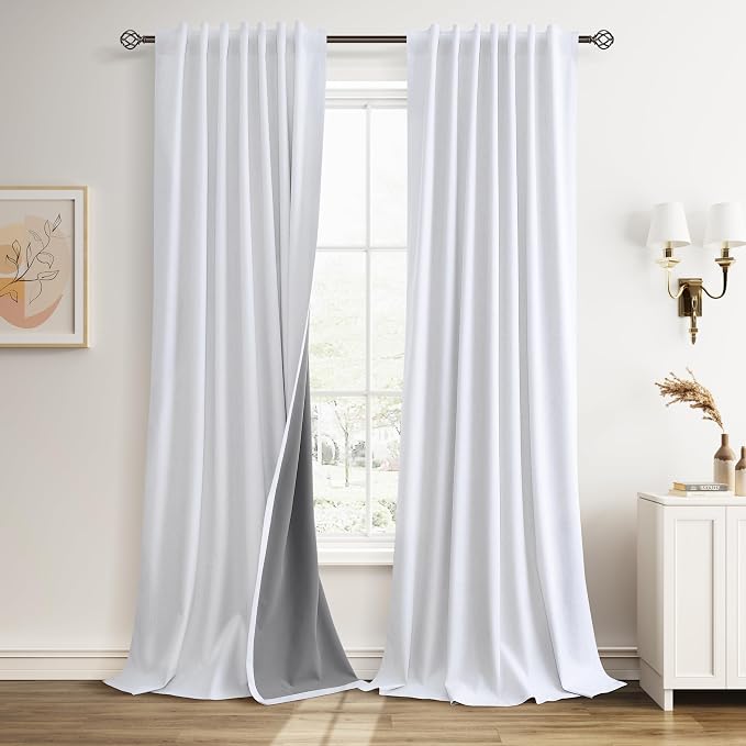Beige White 100% Blackout Linen Curtains 84 Inches Long 2 Panels Back Tab Hook by Guken