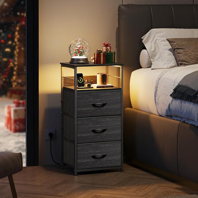 WLIVE Nightstand with Charging Station, 31.9" H Nightstand with 3 Fabric Drawers - Image 2
