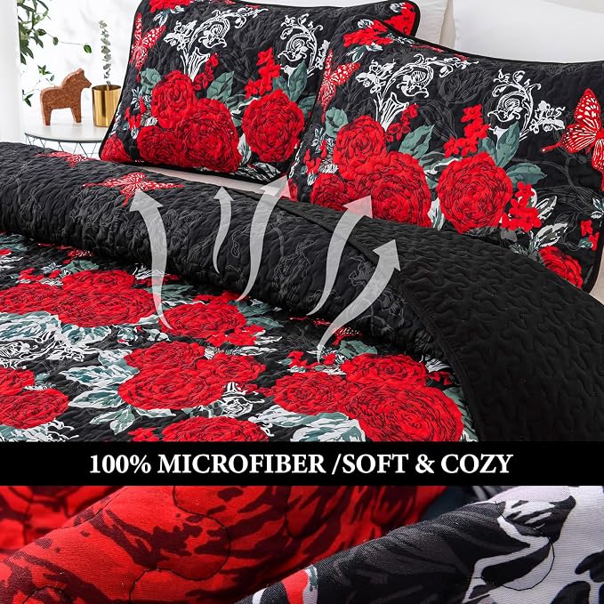 Yiran Black Floral Quilt Set King Size, 3 Pieces Botanical Quilt Set | Summer - Image 4