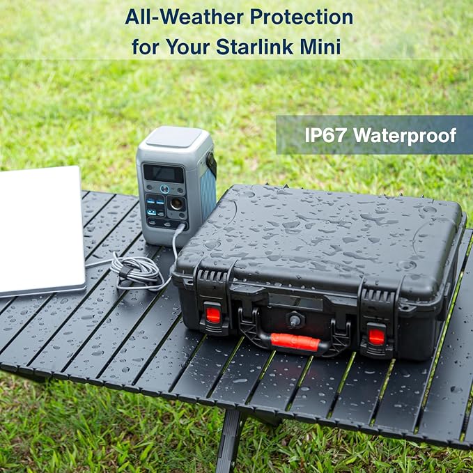 IP67 Waterproof Storage Case for Starlink Mini with Waterproof DC Female Charging Port – Protective Hard Case with Foam Padding, Secure Latch System, Portable Design for Travel and Outdoor Use
