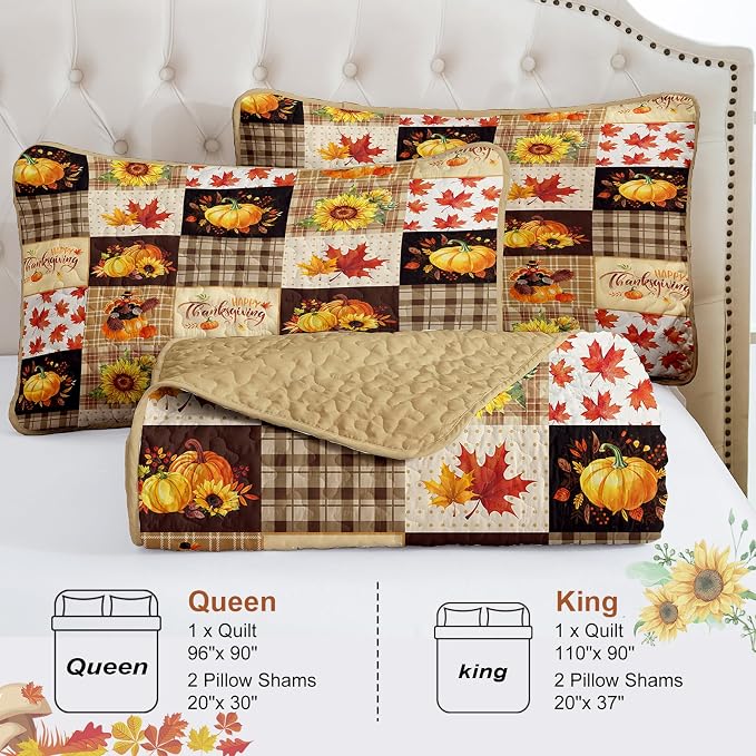 Fall Patchwork Quilt Set Queen, 3 Pieces Thanksgiving Bedding Set Brown | - Image 8