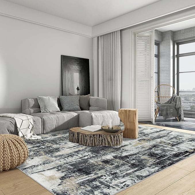 10x14 Area Rugs for Living Room: Washable Abstract Black Grey Gold Carpet | - Image 5