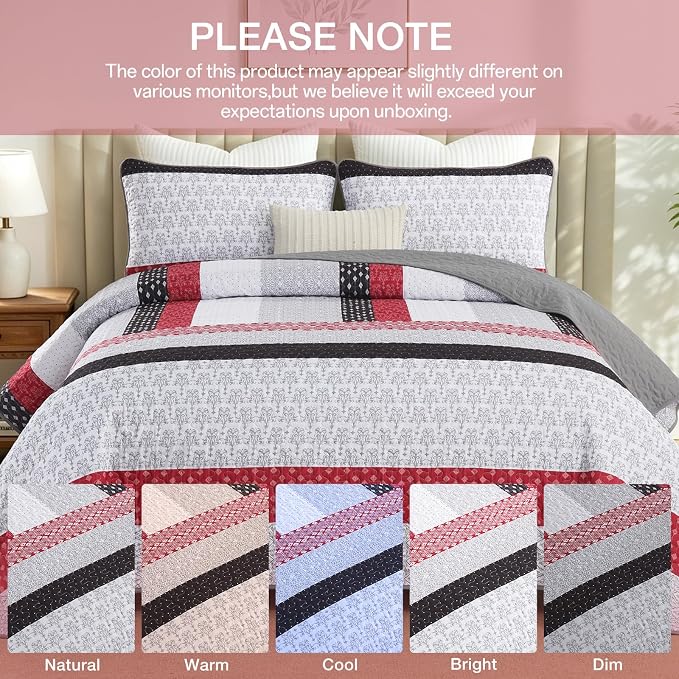 WONGS BEDDING Stripe Quilt Set Queen, Boho Bedspread Sets, Breathable - Image 8