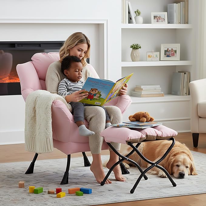 Welnow Lazy Chair with Ottoman, Reading Chair with Footrest，Pink | A Side Pocket - Image 2
