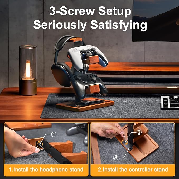 HUMANCOZY Solid Wood Controller Holder and Headphone Stand, Gaming Controller Stand for Desk, Dual Controller Organizer Rack, Fits Xbox, PS4, PS5, Gamepad, Headset Holder for Son, Husband, Boyfriend