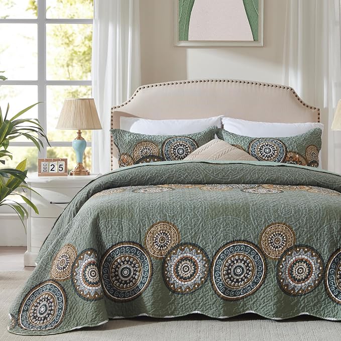 3 Pieces King Size Olive Green Quilt Set Lightweight Oversized Bedspread - Image 2