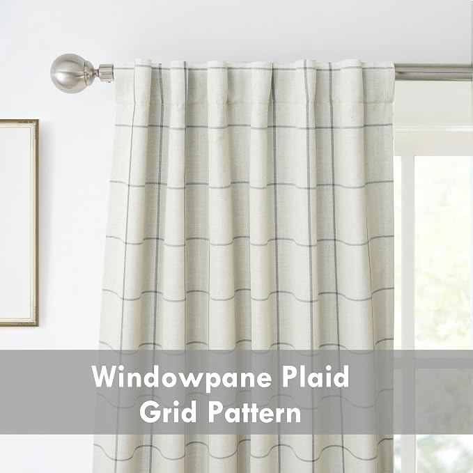 DriftAway 100% Blackout Plaid Linen Curtains 108 Inches Long 2 Panels Gray | - Image 5