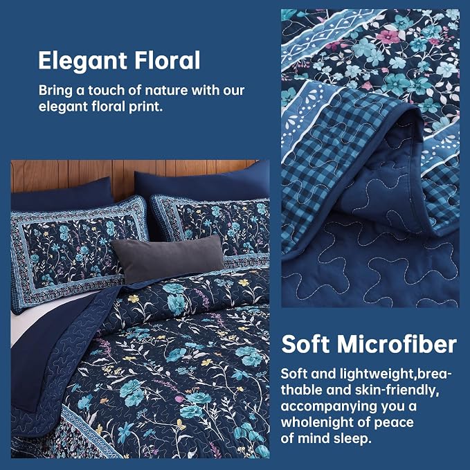 WONGS BEDDING Floral Quilt Set King, Microfiber Lightweight Farmhouse Bed Cover - Image 4