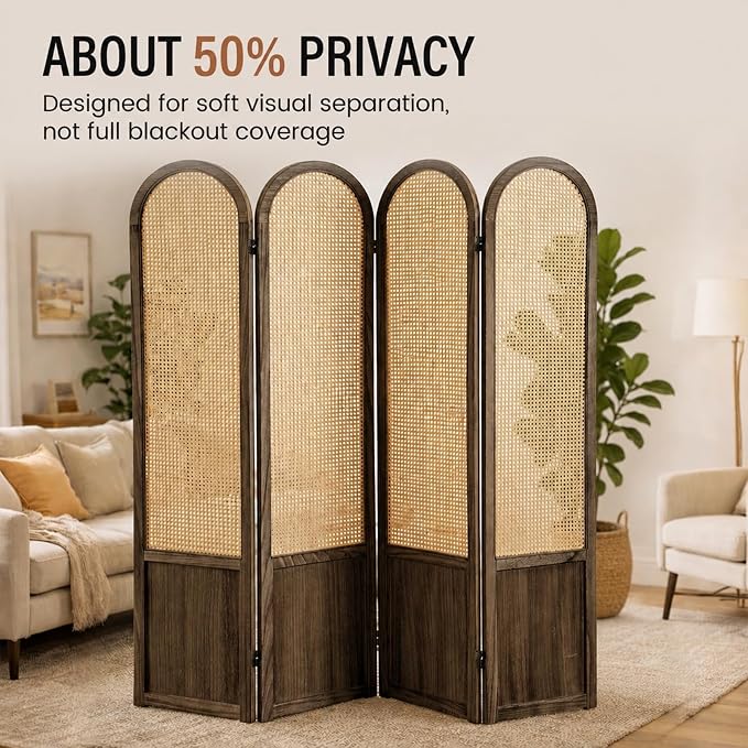 4 Panel Rattan Room Divider Screen, Boho Folding Privacy Screen | Decorative - Image 2