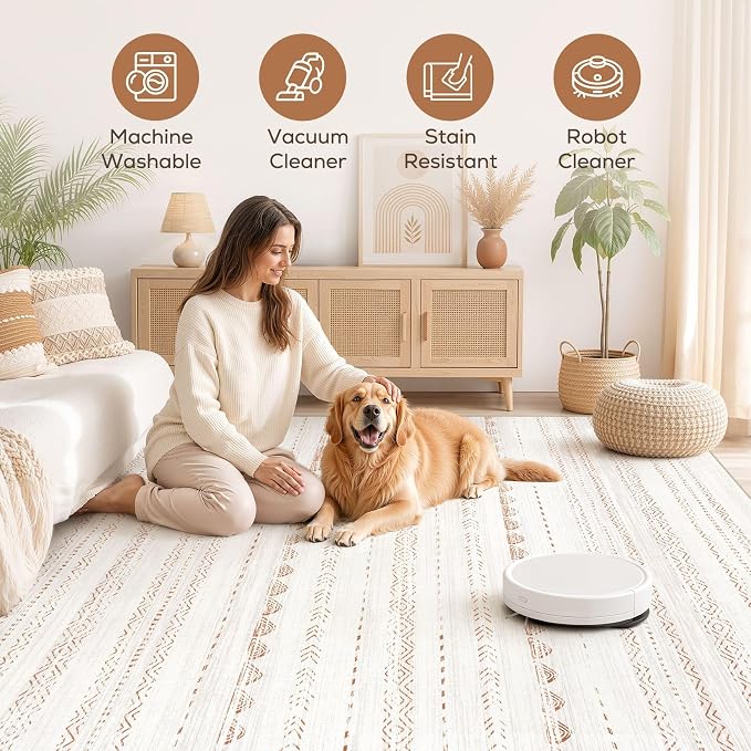 Nakagishi 10x13 Area Rugs Living Room: Washable Boho Large Neutral Soft - Image 3