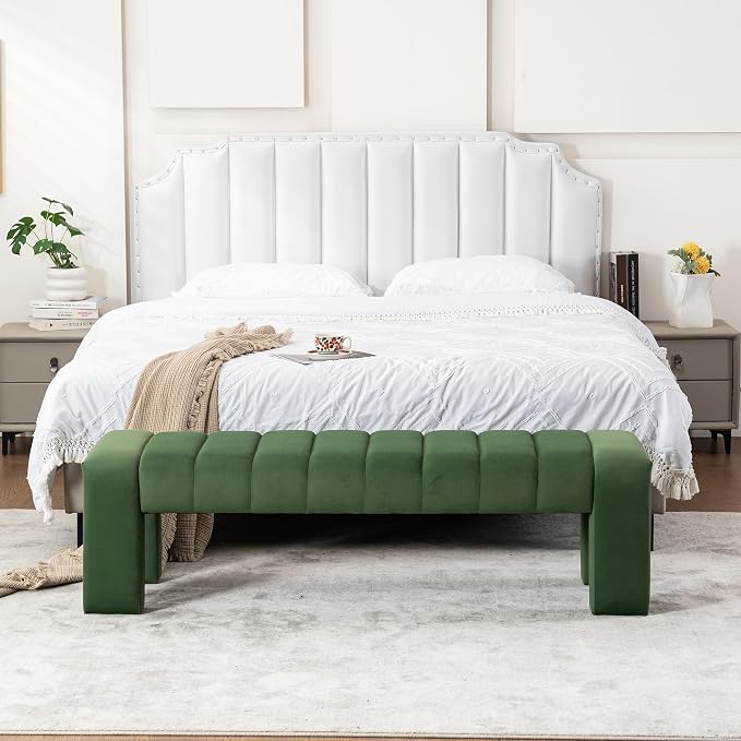 59" Velvet Bench for Bedroom King Size Bed Window End of Bed, Olive Green | - Image 3