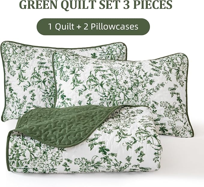 WONGS BEDDING Botanical King Quilt Bedding Set, 3 Pieces Bedspread, Polyester - Image 7