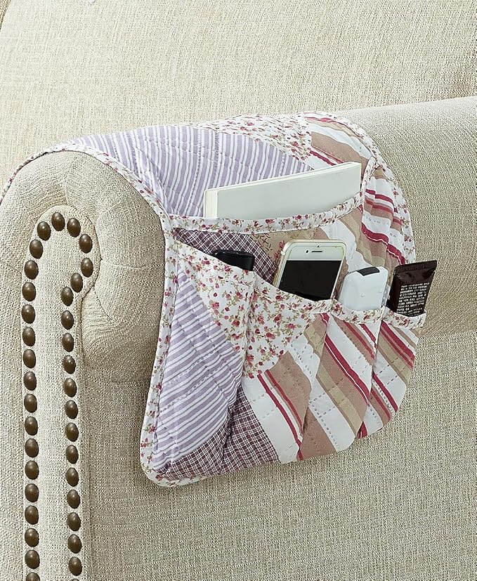 Brilliant Sunshine Pink Rosette & Stripe Couch Armrest Cover, Armrest Organizer - Image 3