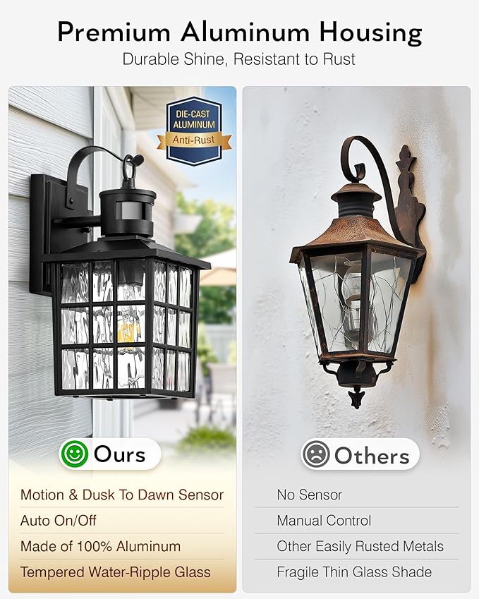 VIANIS Outdoor Wall Lights for House, 2 Pack Black Motion Sensor Porch Lanterns Wall Sconce, Modern Exterior Garage Light Fixtures Wall Mount, Waterproof Front Door Lights with Tempered Ripple Glass
