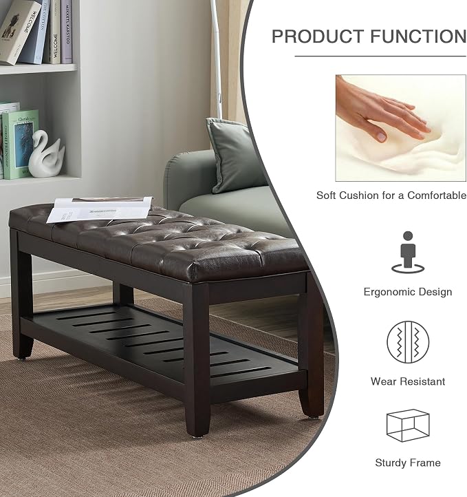 LOULENS 44'' PU Storage Bench, End of Bed Bench, Dark Brown | Solid Wood Frame - Image 4