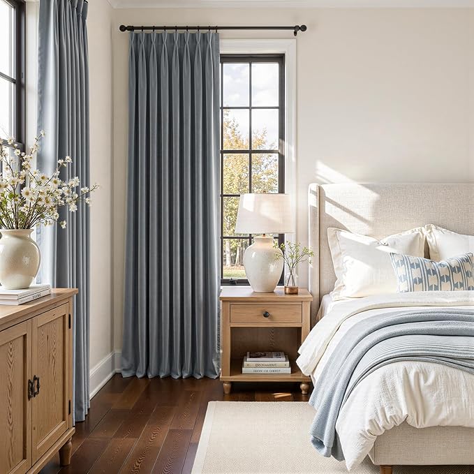 Gray Blue Soft Velvet Pinch Pleat Curtains 90 Inches Long Room Darkening Light - Image 8