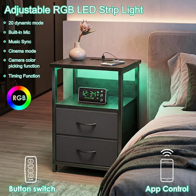 Fixwal Night Stand with Charging Station, 2 Drawers | fabric drawer, built-in - Image 5