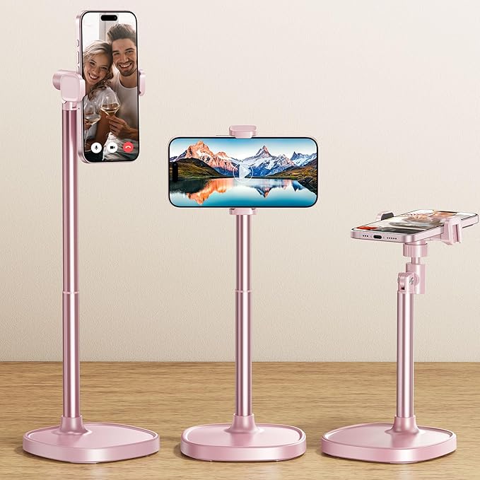DIMONCOAT Cell Phone Stand for Desk, Stocking Stuffers Gifts for Teens Girls Boys Adults，Phone Holder Angle Height Adjustable, Aluminum Alloy Universal iPhone Stand for iPhone 17 16 15 Pro Max -Pink