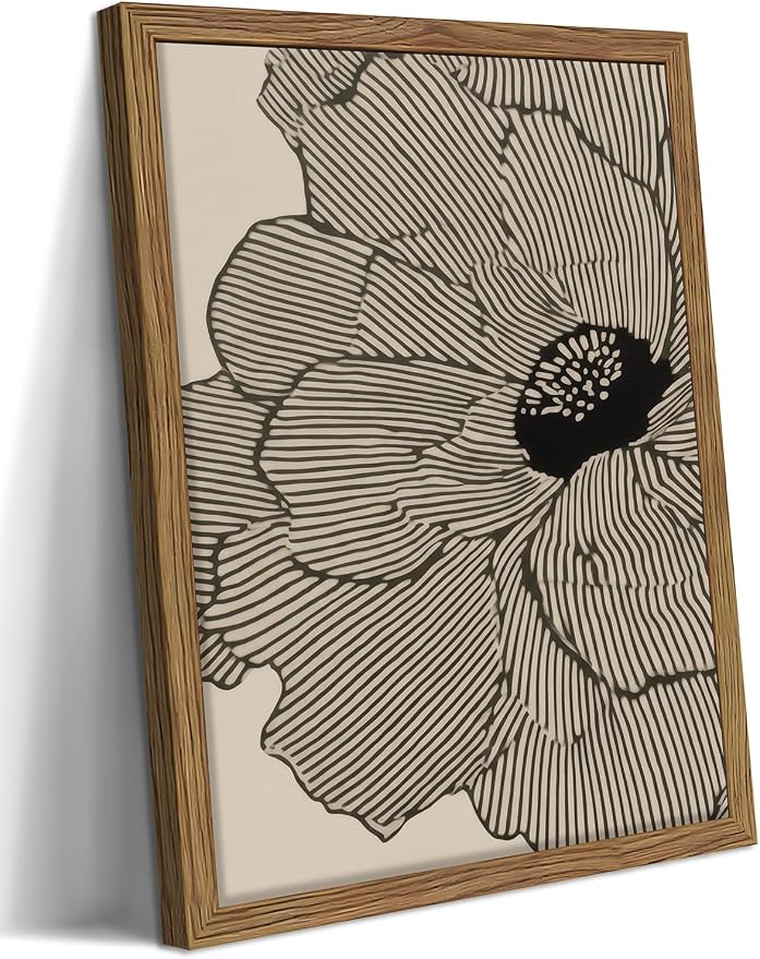Framed Abstract Floral Wall Art, Neutral Lines Flower Canvas Wall Decor Painting by Unknown