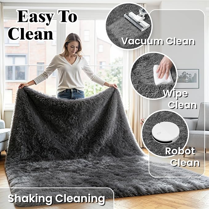 4x6 Fluffy Area Rug for Living Room: Soft Non-Slip Grey Shag Bedroom Carpet | - Image 6