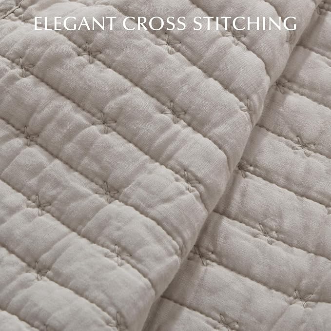 100% Cotton Cross Stitch 3-Piece Quilt Set, Taupe | 100% Cotton, Elegant Cross - Image 3