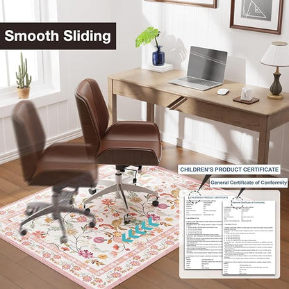 50"x60" Pink Floral Office Chair Rug, Easy to Clean Computer Chair Rug, Under Desk Rugs for Home Office, Desk Rugs for Rolling Chairs, Floor Mat for Hardwood Floors, Desks Carpet for Tile Floor