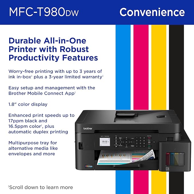 Brother INKvestment Tank 980 Wireless and Ethernet Color Inkjet All-in-One Printer with Multipurpose Tray | Includes up to 3 Years of Ink in-Box(1) and 3-Year Limited Warranty(2) (MFC-T980DW)
