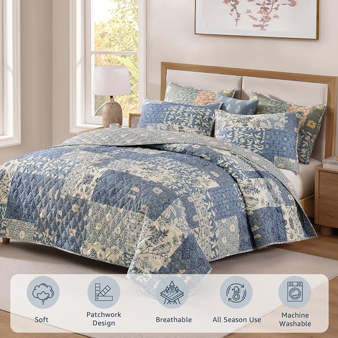 Quilts Queen Size-3 Pieces Soft Queen Bedspread Floral Patchwork Quilt | - Image 3