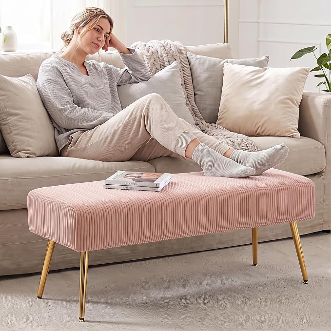 44 Inch Bedroom Bench, Modern Ottoman End of Bed Bench, Upholstered Corduroy - Image 4
