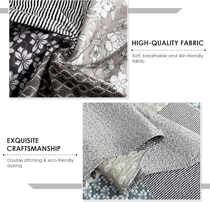 3-Piece Quilt Set Quilted Bedspread Garden Style Floral Printed Oversized - Image 4