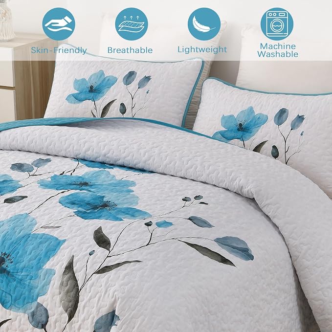 Mybedsoul Full/Queen Quilt Set Teal, Reversible Polyester Coverlet Set - Image 4