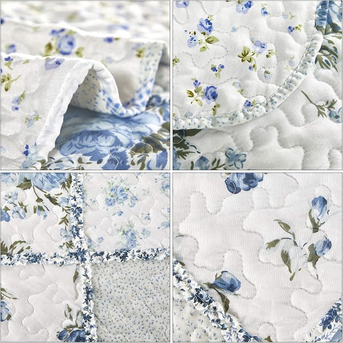 Oversized King Size Quilt Set 128x120 Blue Floral Patchwork Bedspreads Set | - Image 7