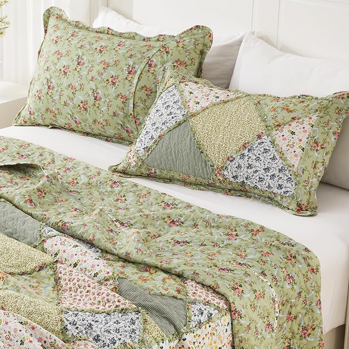 Full/Queen Size Quilt Set Green Floral Patchwork Bedspreads Coverlet Set | - Image 5