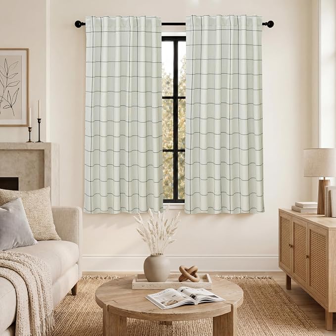 DriftAway 100% Blackout Windowpane Plaid Linen Curtains 54 Inches Black | by DriftAway