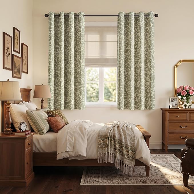 jinchan Sage Floral Blackout Curtians 63 Inch Vintage Grommet 2 Panels | Room - Image 6