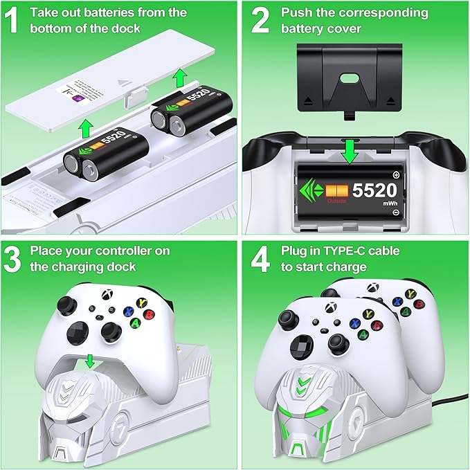 DINOSTRIKE Charger Station with 2x5520mWh Battery for Xbox One/Xbox Series X/S Controller, Rechargeable Controller Battery Pack with 4 Covers-White (Controllers Not Included)