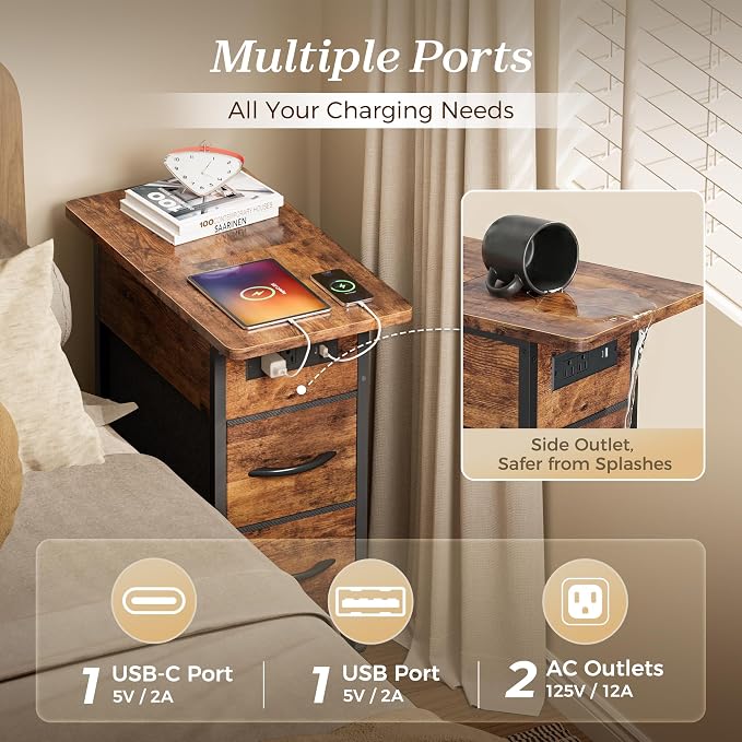 Huuger Narrow End Table with Charging Station, Side Table with 2 Drawers | Slim - Image 5
