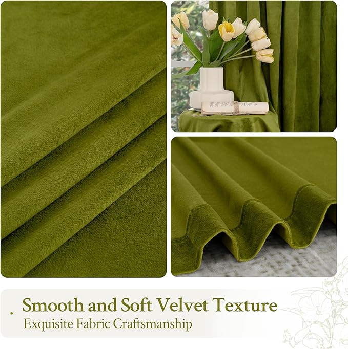 LAMIT Velvet Curtains for Living Room 96 Inch, Vintage Blackout Thermal Insulated Panels Super Soft Back Tab and Rod Pocket Room Darkening Window Drapes for Bedroom, 2 Panels, Moss Green 52 x 96 Inch