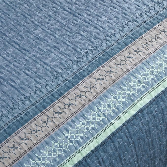 Cottolester Blue Quilt Set California King, Boho Striped Quilted Bedding Set | - Image 4
