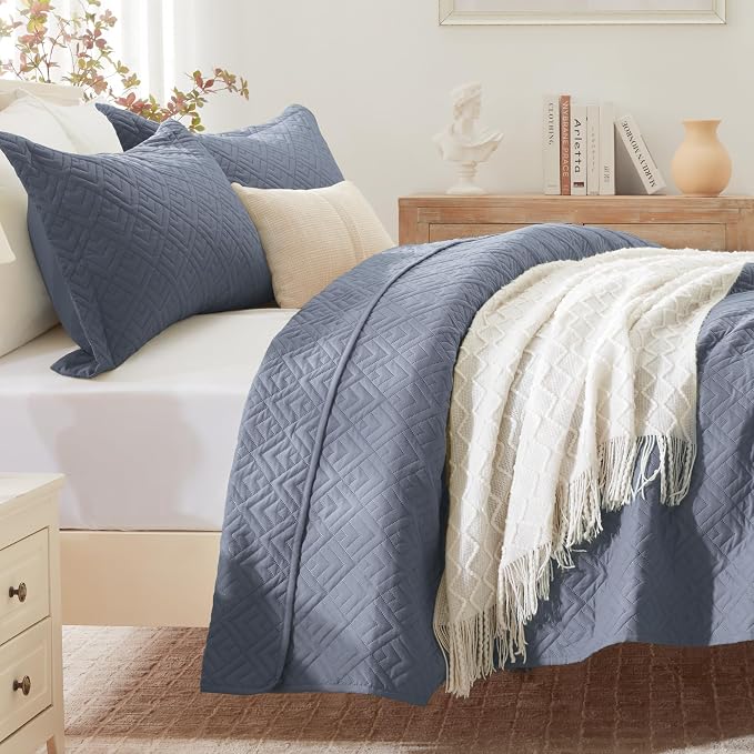 EXQ Home Quilt Set Queen Size Summer Squares Pattern Bluish Grey Bedspread | - Image 2