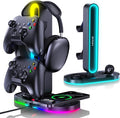 HiWe Universal RGB Gaming Headphone Stand with 2 Controller Holder, Wireless Charger for iPhone/iWatch, Solid ABS, Non-Slip Base, with USB-A & USB-C Outputs, Adatper Included, Black