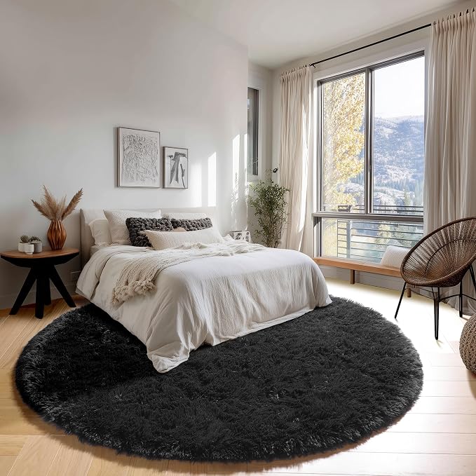 Black Round Rugs 8ft for Living Room, Fluffy Bedroom Circle Area Rug, Soft - Image 3