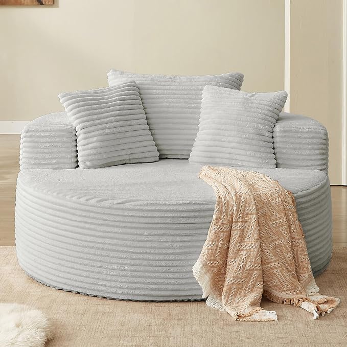 55'' Oversized Round Lounge Chaise Chair, Corduroy Upholstered Indoor Chaise by cloudcouch