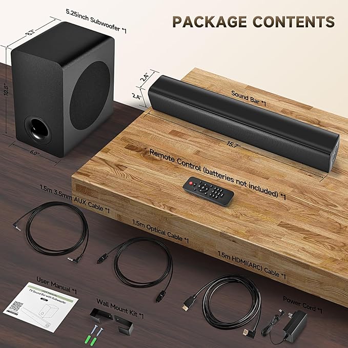 Fansbe Direct Sound Bar Speakers Bluetooth Wireless, TV Speakers Sound Bar Subwoofer, Home Theater Surround Sound Bar HDMI(ARC) Optical AUX USB 2.1ch Home Audio Sound System TV PC Wall Mount, Black