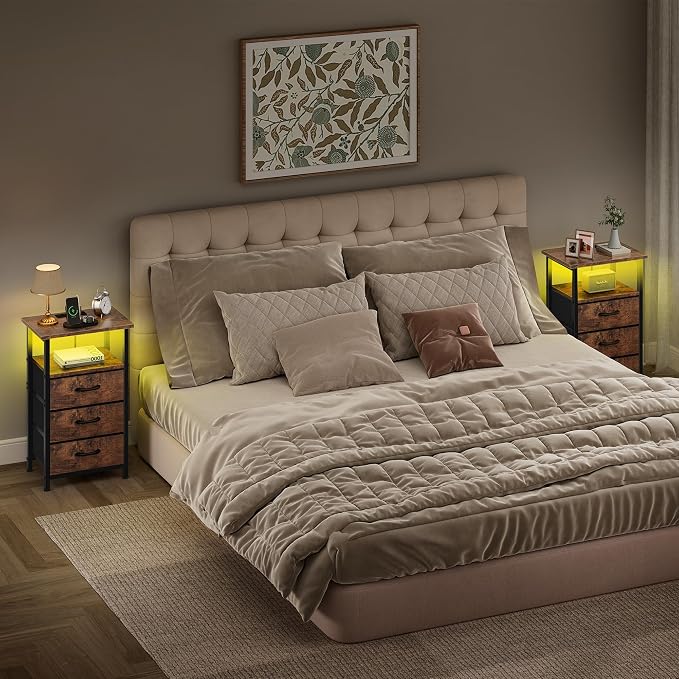 Night stand Set 2 with Charging Station, LED Nightstand - Image 8
