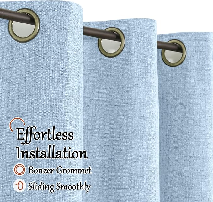Baby Blue Linen Blackout Curtains for Nursery 80 Inch Length 2 Panels Set, Thermal Insulated Boho Total Black Out Noise Reducing Bonzer Grommets Window Curtains for Kids Bedroom, Each 38 Inch Wide